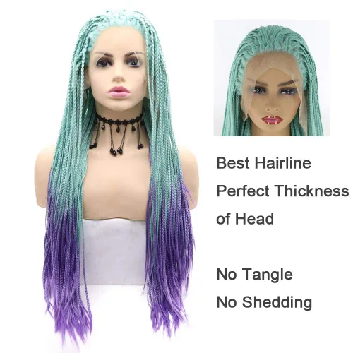 Miniatura 3 de Pelucas trenzadas azules con encaje frontal para mujeres negras, con micro trenzas trenzadas, color degradado, menta, verde, azul, morado, peluca
