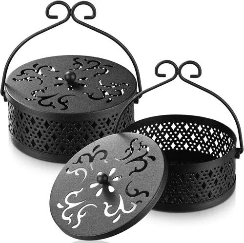 Lallisa Juego de soportes de bobina de incienso, quemador de incienso redondo de metal colgante con asa y tapa, contenedor portátil para patio,