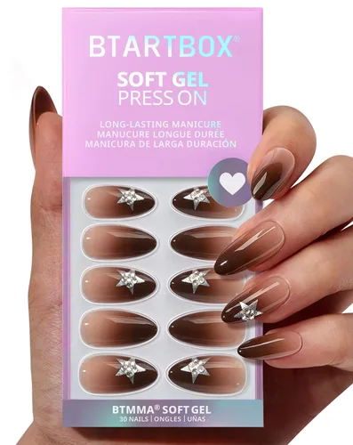 Miniatura 13 de BTArtbox Uñas cortas a presión, color negro, francés, almendra, con pegamento y pestañas adhesivas para mujeres en 16 tamaños, kit de 32 uñas de gel