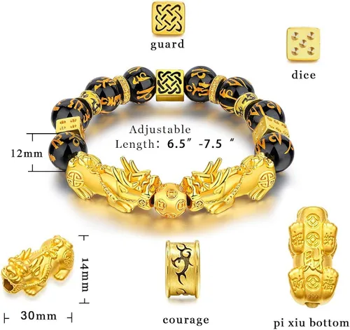 Miniatura 3 de Feng Shui - Juego de pulsera de obsidiana negra Pi Xiu, pulsera Feng Shui para mujeres y hombres, collar de buena suerte Pi Xiu Feng Shui, Metal,