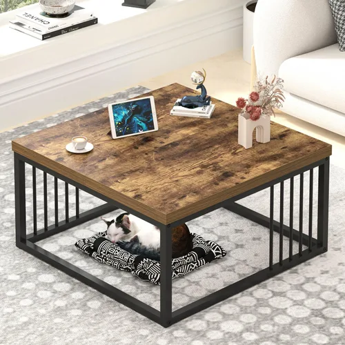 Miniatura 10 de FOLUBAN Mesa de café, moderna mesa de sala de estar de madera y metal, mesa de té rectangular industrial, marrón rústico, 43.3 pulgadas