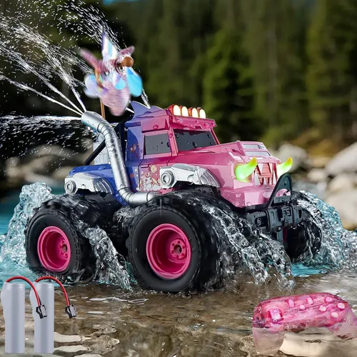 Auto de control remoto para niñas, impermeable, juguete de camión monstruo rosa con bloques y giro de 360°, autos RC anfibios 1:18, camiones RC