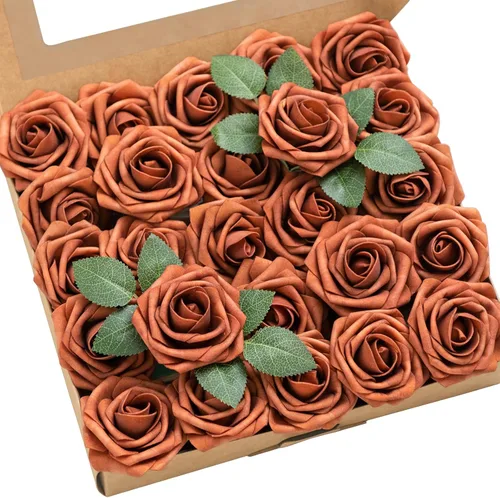 Ling's moment Flores Artificiales de Otoño 25 Piezas Rosas Naranja Quemado Decoración c/Tallos, 3" Tacto Real DIY Espuma Floral para Ramo de O