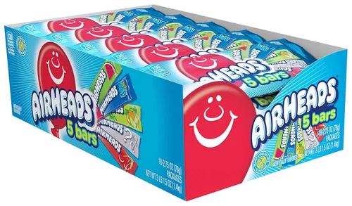 Dulces Airheads, sabores surtidos, 5 barras de tamaño completo envueltas individualmente por paquete, caja de 18 paquetes.