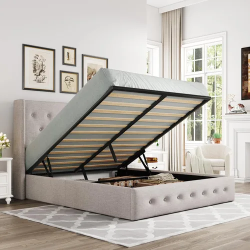 Allewie Cama de almacenamiento elevable tamaño Queen, cabecero capitonado con botones con respaldo de ala, soporte hidráulico, no necesita somier,