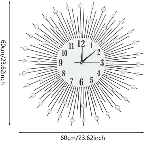 Miniatura 2 de Reloj de pared moderno con forma de flor de cristal 3D, 23.62 pulgadas, espejo plateado de metal vintage, brillante, con tachuelas de diamantes