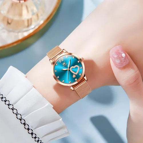Miniatura 3 de OLEVS - Reloj de oro rosa para mujer con correa de malla, estilo de moda, diseño de corazones, de cuarzo japonés, resistente al agua, luminiscente