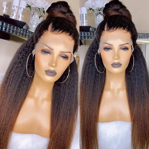 Peluca de cabello humano lacio tipo afro de color degradado 1B/30, 360 HD, transparente, encaje frontal, pelucas de cabello humano lacio Yaki de