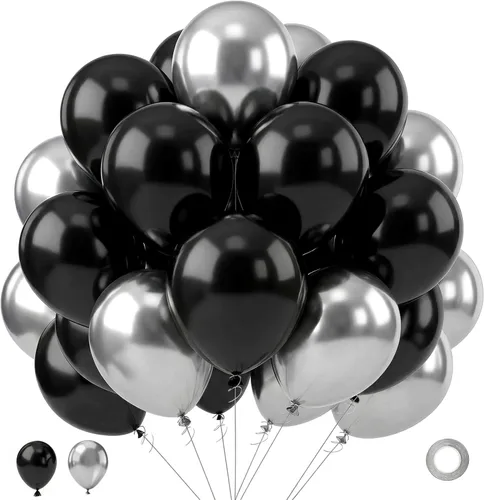 Globos negros y plateados, 65 globos de látex metálicos cromados plateados y negros de 12 pulgadas para decoración de cumpleaños, graduación,