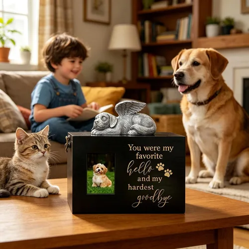 Miniatura 7 de Urna grande para perro para cenizas, caja de cremación funeraria negra con foto urna conmemorativa para mascotas con marco de fotos, caja