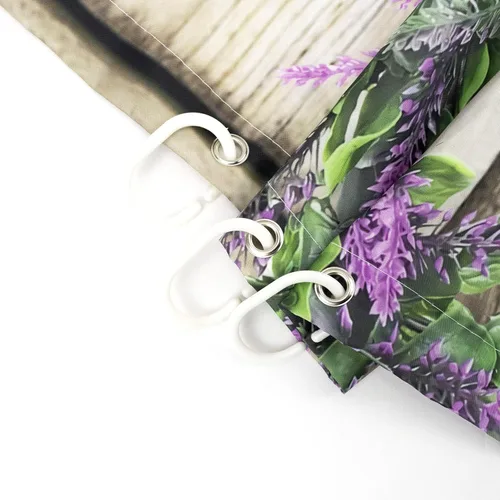 Miniatura 7 de Cortina de ducha con puerta de granero occidental para baño, lavanda púrpura y verde corona de eucalipto en tableros de madera rústica, cortina