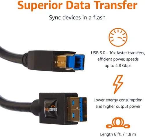 Miniatura 2 de Amazon Basics Cable USB-A a USB-B 3.0, 4.8Gbps de alta velocidad con enchufes chapados en oro, 6 pies, negro