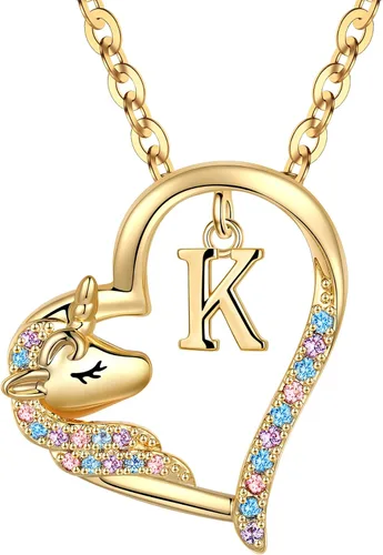 Miniatura 44 de Anoup Collar con inicial de unicornio, chapado en oro de 14 quilates, hipoalergénico con circonita cúbica, colgante de diamante simulado, joyería