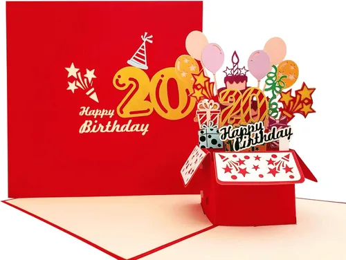 iGifts And Cards Tarjeta desplegable 3D de 20 cumpleaños – Caja de fiesta roja de moda sorpresa con globos, regalos y vibraciones de celebración –