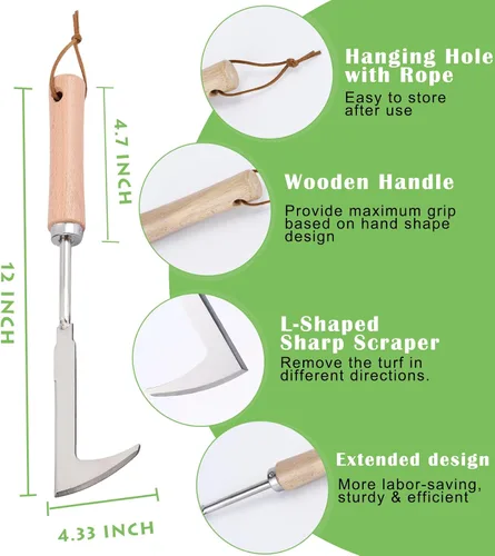 Miniatura 2 de Desbrozadora de grietas, herramienta de deshierbe de acero inoxidable de 12 pulgadas con mango de madera, espátula extractora de malezas