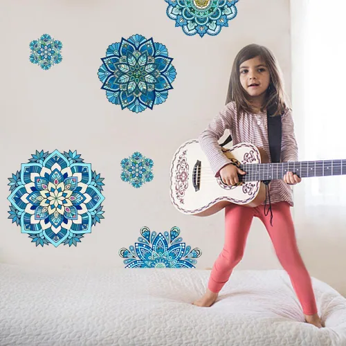 Miniatura 4 de SUPERDANT Decoración de pared de mandala azul, calcomanía de pared de vinilo con patrón de mandala bohemio, decoración del hogar, calcomanías