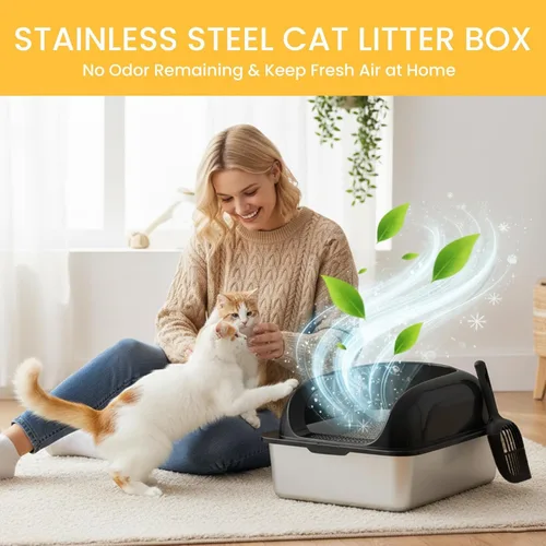 Miniatura 3 de Simple Deluxe Caja de arena XL para gatos de acero inoxidable con tapa, bandeja de arena de metal de alta cara para gatos grandes, a prueba