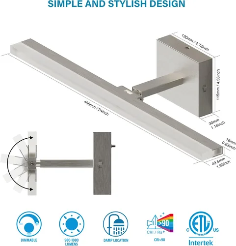 Miniatura 3 de ZAGO Lámpara de tocador de baño de 24 pulgadas sobre el espejo, LED moderna y rotacional montada en la pared, ajustable, cableada, con cable