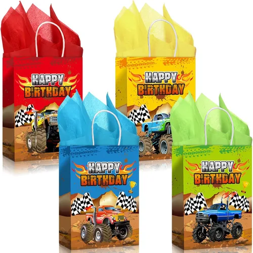 Miniatura 7 de Pajean 16 bolsas de regalo de fiesta de camiones de monstruos, camiones de carreras, regalo de papel, bolsas de dulces para suministros temáticos