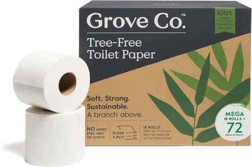 Grove Co. Papel higiénico de bambú sin árboles y seguro para sépticos, ultra suave, duradero y absorbente, hojas de 3 capas (1 rollo = 44.4 pies