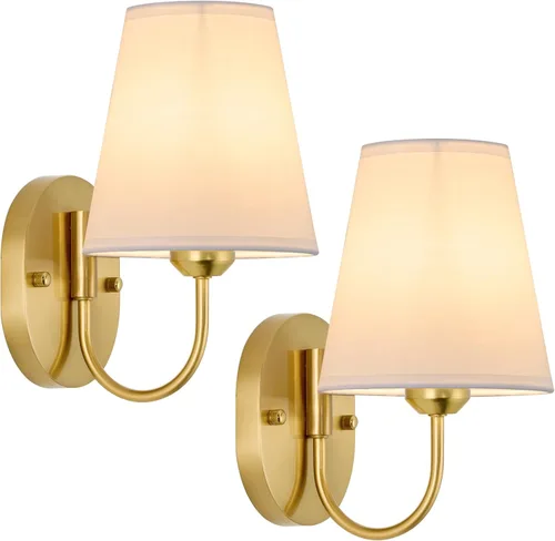 Miniatura 9 de Candelabros de pared grandes de latón antiguo, juego de 2, lámparas de pared industriales vintage con cableado y pantalla de tela, zócalo E26