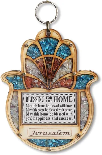 My Daily Styles Bendición Hamsa de madera para el hogar Jerusalén - Decoración de pared de buena suerte con piedras preciosas de imitación