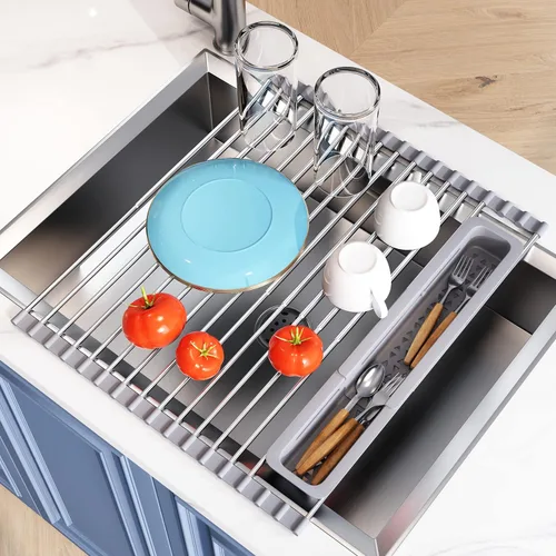 Miniatura 19 de Estante de secado de platos sobre el fregadero, expandible, pequeño, negro, escurridor para secar para la encimera de la cocina, metal de acero