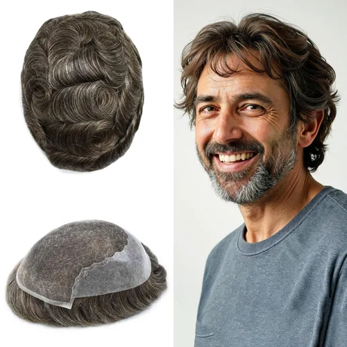 Miniatura 77 de Toupee - Sistemas de reemplazo de cabello para hombre, encaje frontal suizo, nudo blanqueado, pieza de cabello humano natural 1# negro azabache, 8 x