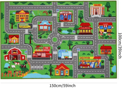 Miniatura 2 de Alfombra de juego para niños, diseño de ciudad con carreteras, 149,9 x 100,1 cm (59"x39.4"), alfombra antideslizante para autos de niños, alfombra