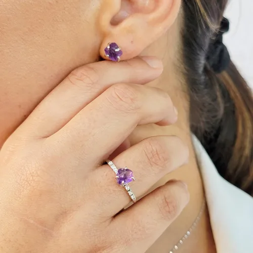 Miniatura 44 de Natural raw gemstone stud earrings with white gold over 925 sterling silver, 6 to 7mm rough genuine quality birthstone gift for her, Uniquelan