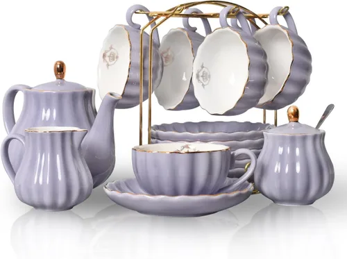Juego de té de porcelana de la serie British Royal, tazas y platillo de 8 onzas para 6, con tetera, azucarero, jarra de crema, cucharaditas y Púrpura
