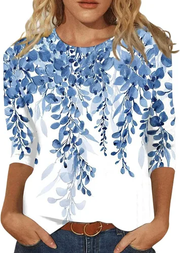 Miniatura 128 de Camisetas de manga 3/4 para mujer, cuello redondo, holgadas, casuales, con estampado floral, camisetas de moda para el trabajo de negocios