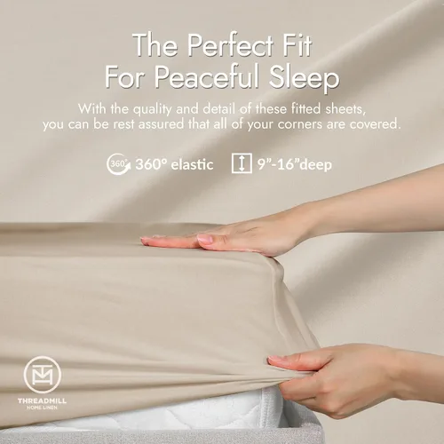 Miniatura 3 de Threadmill Juego de sábanas de rayón de bambú para cama de tamaño matrimonial, 4 piezas refrescantes color beige, suaves como la seda, ligeras