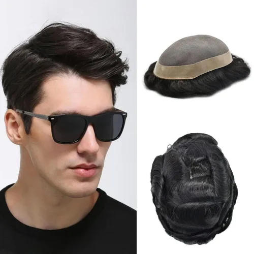 Miniatura 41 de LYRICAL HAIR Toupee para hombres de aspecto natural de cabello humano fino mono encaje hombres reemplazo sistema de pelo PU polipiel alrededor