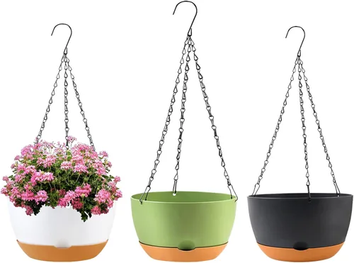 Miniatura 13 de KPUVX Maceta Colgante de 10 Pulgadas, Macetas de Riego Automático para Plantas de Interior, Paquete de 3 Cestas Colgantes de Plástico con Bandeja