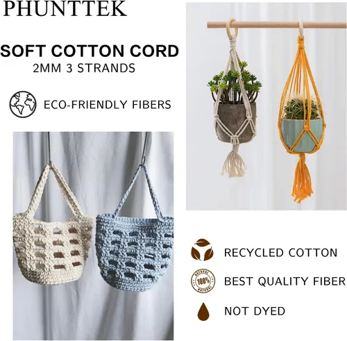 Miniatura 7 de PHUNTTEK Cordón de macramé de 0.079 in x 590 yardas, 18 rollos de cuerda de algodón natural, 3 soportes de cuerda de yute, cuerda suave, hilos
