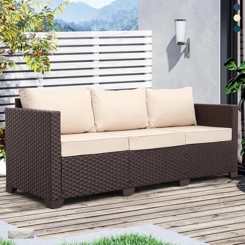 Miniatura 3 de Oasishine Muebles de patio de 3 asientos, sofá de mimbre para exteriores, sofá de exterior, asiento profundo, respaldo alto, cojines Caqui