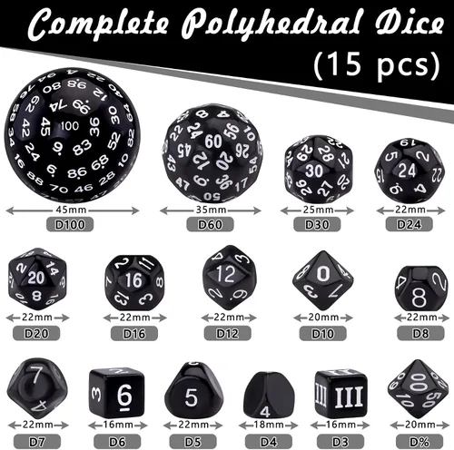 Miniatura 2 de AUSTOR juego completo de 15 dados poliédricos D3-D100 con bolsa de cuero de almacenamiento con cordón para juegos de mesa de rol (negro y blanco)
