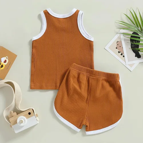 Miniatura 6 de Hoanselay Conjunto de pantalones cortos de verano para bebé, niña, niño, camiseta sin mangas y pantalones cortos casuales, conjunto de 2 piezas