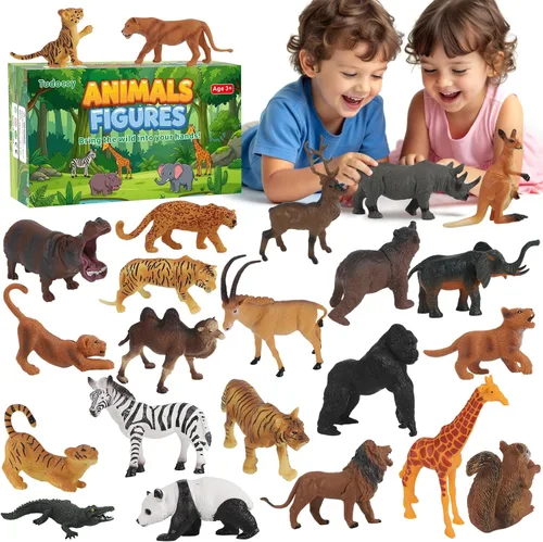 Tudoccy Juguetes de figuras de animales de safari, 23 piezas de juguetes de plástico realistas de animales salvajes de zoológico, selva africana,