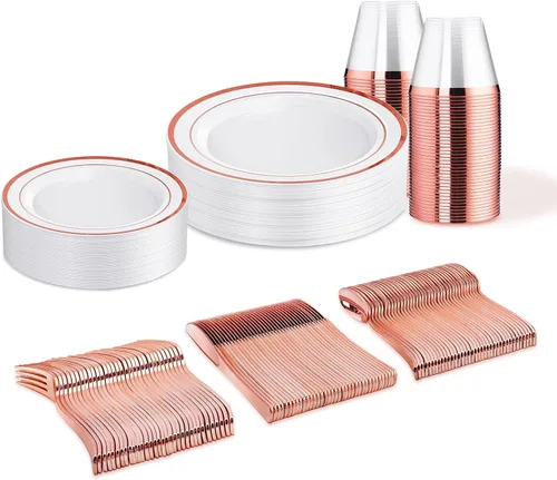 Miniatura 31 de WELLIFE Juego de vajilla desechable de 600 piezas color dorado y blanco para 100 invitados, platos de plástico blanco con borde dorado, platos