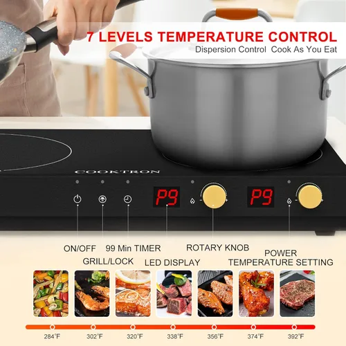 Miniatura 5 de COOKTRON Placa de inducción portátil de 2 quemadores con parrilla de hierro fundido removible antiadherente, placa de inducción doble de 1800W