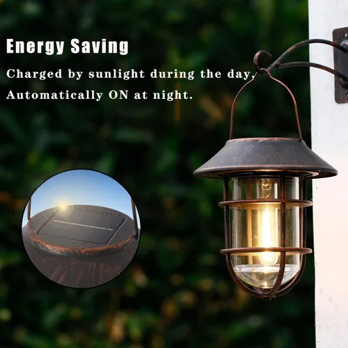 Miniatura 4 de Farol solar colgante para exteriores, luces solares impermeables de metal para exteriores con vidrio transparente, linterna de pared de aluminio