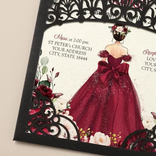 Miniatura 5 de 50 invitaciones de quinceañera con corona negra perlada cortada con láser Invitaciones de cumpleaños florales burdeos para Sweet 16/Miss XV