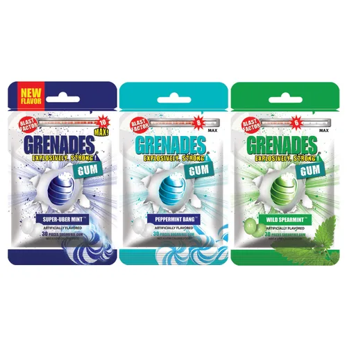 Grenades Goma de mascar - Power Pack Ice - Goma de mascar de menta fuerte, paquete de 3, 90 piezas - Paquete de sabor a menta (menta Super-Uber,