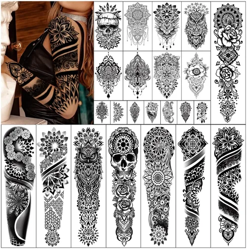 Miniatura 12 de Tatuajes temporales para adultos, manga completa, tatuajes falsos tradicionales de la vieja escuela, tatuajes de rosas de flores para mujeres