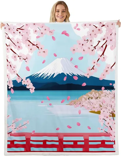 Erosebridal Manta de forro polar con diseño de flores de cerezo, monte japonés, manta de cama Fuji de 30 x 40 pulgadas, manta de estilo japonés para