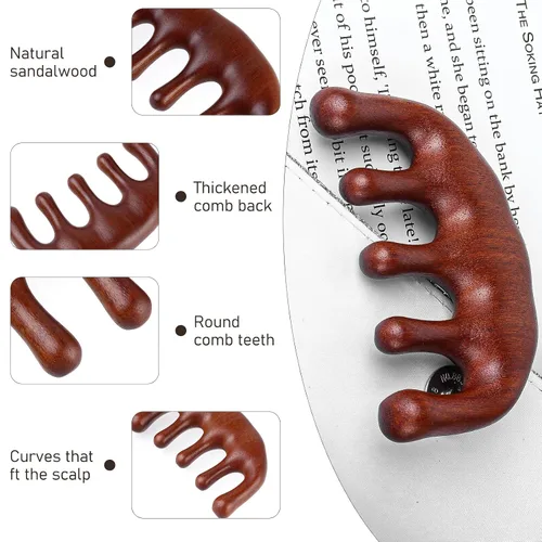 Miniatura 5 de Amaxiu Peine de masaje de cabeza de sándalo, estimulador de cuero cabelludo de dientes anchos, peine Gua Sha para hombres y mujeres (estilo A)
