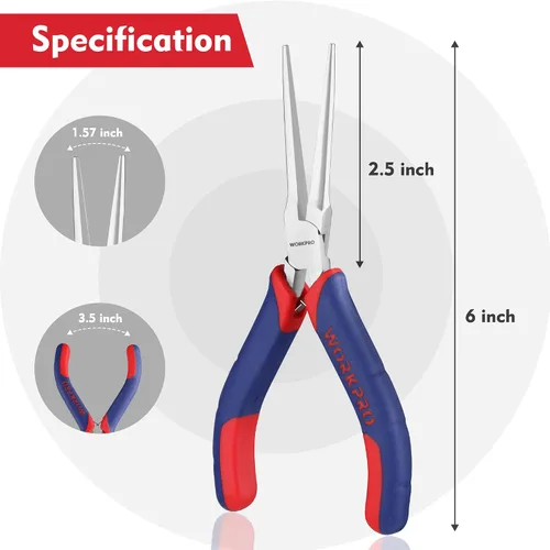 Miniatura 3 de WORKPRO Alicates de punta de aguja de 6 pulgadas (mandíbula suave), mini alicates de punta larga con asas de agarre cómodo, alicates de joyería