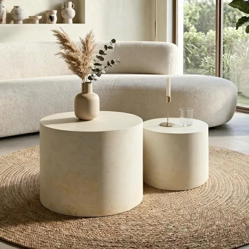 Miniatura 18 de Juego de 2 mesas auxiliares redondas, mesa auxiliar anidable y mesa auxiliar de madera con tambor circular pequeño para sala de estar, oficina, sin